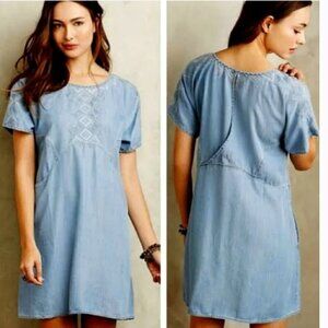 Anthropologie Holding Horses Short Sleeve Embroidered Chambray Dress - Size XS